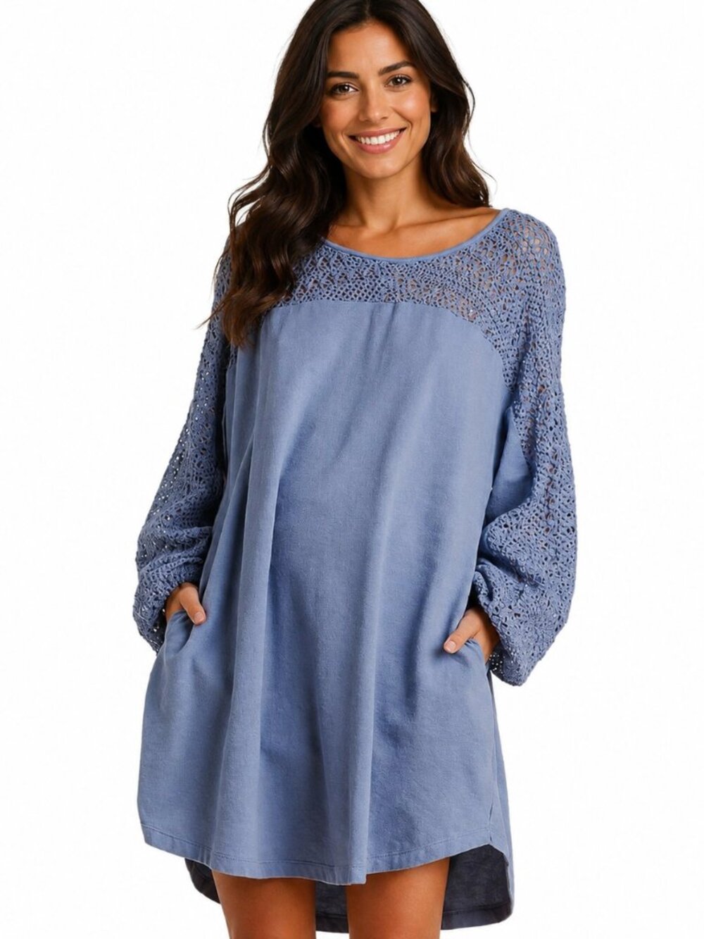 New UMGEE 4 6 8 Blue Knit Crochet Accent Pockets Hi-Low Oversized Cotton Dress